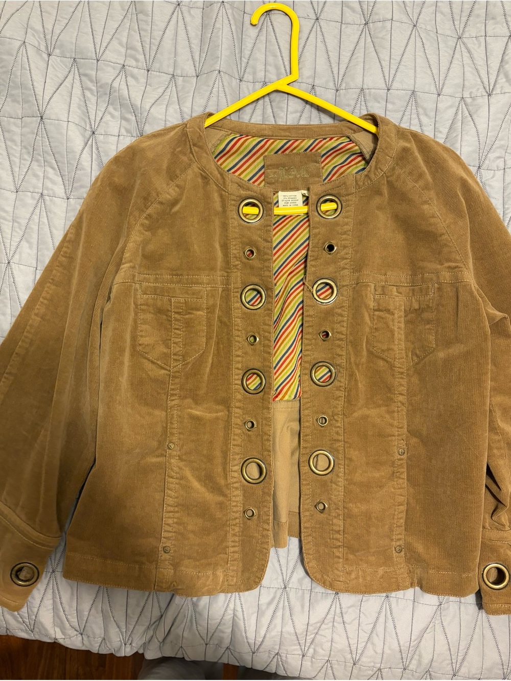 Y2K Womens XL Tan Corduroy Jacket Oversized Grommet Boho Utility Blazer